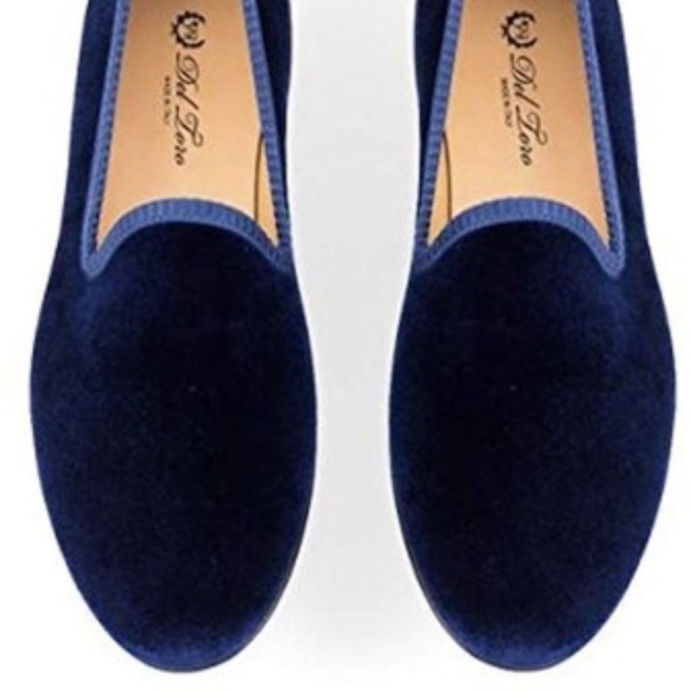 Del Toro Made in Italy Navy Blue Velvet Slipper Loafers Leather Sole  Like new